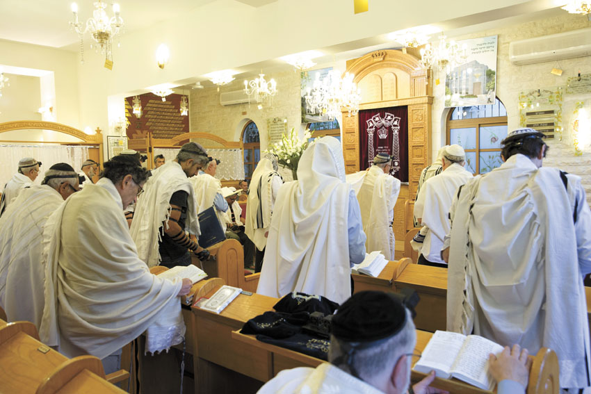 מתפללים בבית הכנסת (צילום: מוטי מילרוד)