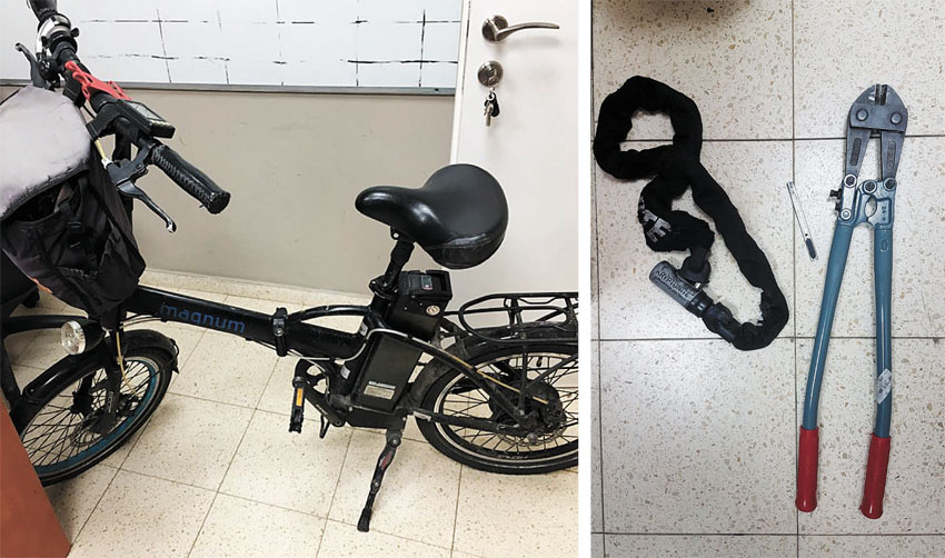 כלי הפריצה והאופניים החשמליים (צילומים: דוברות המשטרה)