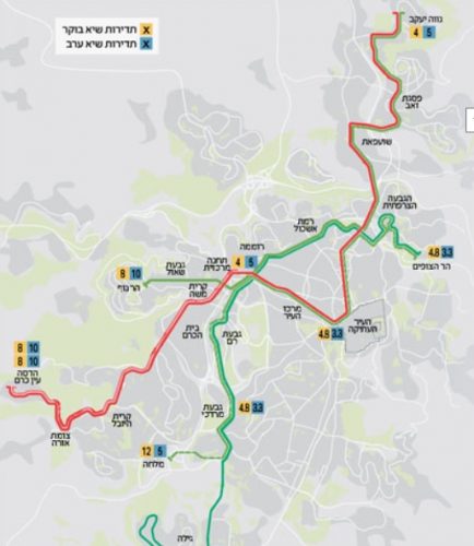 מפת קווי הרכבת הקלה - האדום והירוק (באדיבות צוות תכנית אב לתחבורה ירושלים)