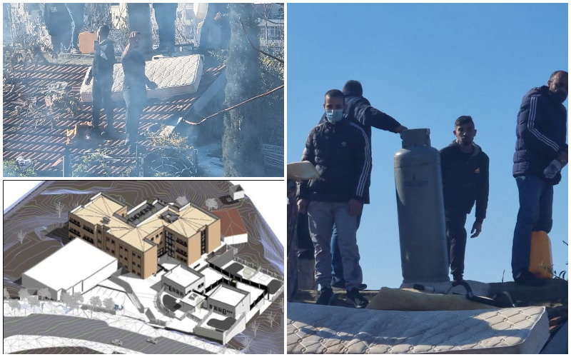 התבצרות משפחת סלאחייה על גג הבית בשייח ג'ראח, הדמיית קרית החינוך שאמורה לקום בשטח (צילומים: דוברות המשטרה. צילום הדמיה - חברת מוריה)