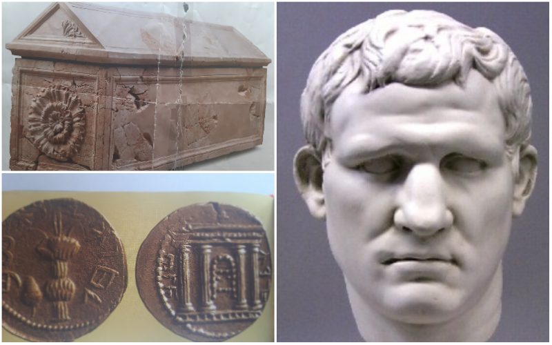 ארון הקבורה של הורדוס (למעלה משמאל עם כיוון השעון), פסל של אגריפס הראשון, מטבעות מימי בר כוכבא (צילומים: מתוך ויקיפדיה, באדיבות מוזיאון ארץ ישראל)
