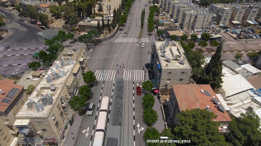 הרכבת הקלה בצומת בר אילן (הדמיה: צוות תכנית אב לתחבורה)