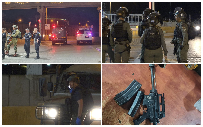 זירת הפיגוע במעבר קלנדיה, הנשק של המחבל (צילומים: דוברות המשטרה)
