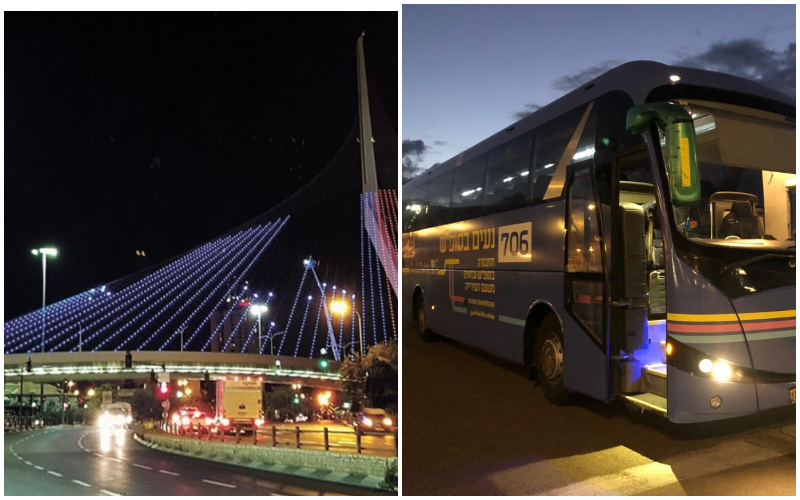 אוטובוס של מערך התחבורה 'נעים בסופ"ש', גשר המיתרים בכניסה לירושלים (צילומים: עיריית תל אביב, עיריית ירושלים)