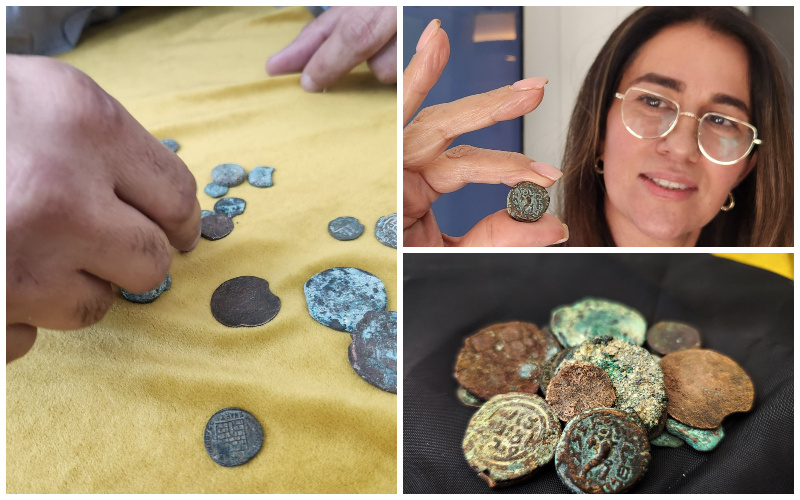 מקבץ המטבעות ומטבע מתתיהו (צילומים: רשות העתיקות)