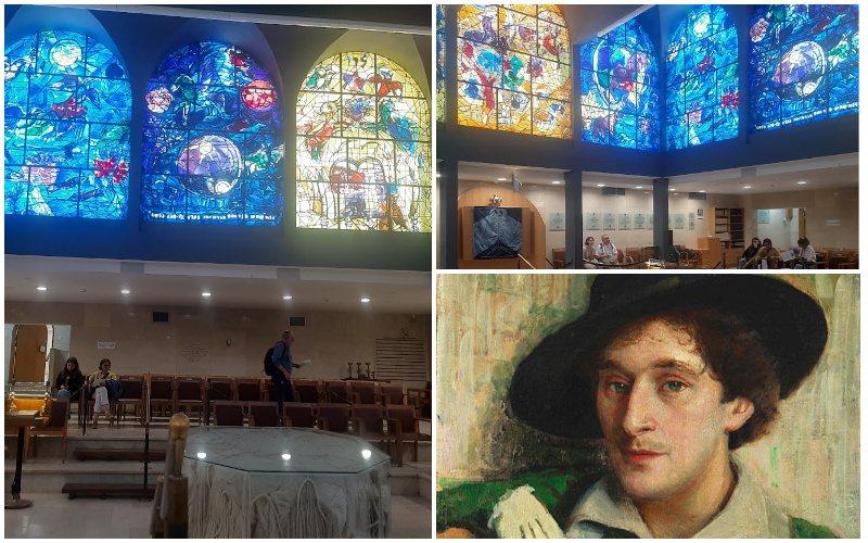 חלונות שאגאל בבית הכנסת בהדסה עין כרם, דיוקן של מארק שאגאל (צילומים: אדם אקרמן, מתוך ויקיפדיה)