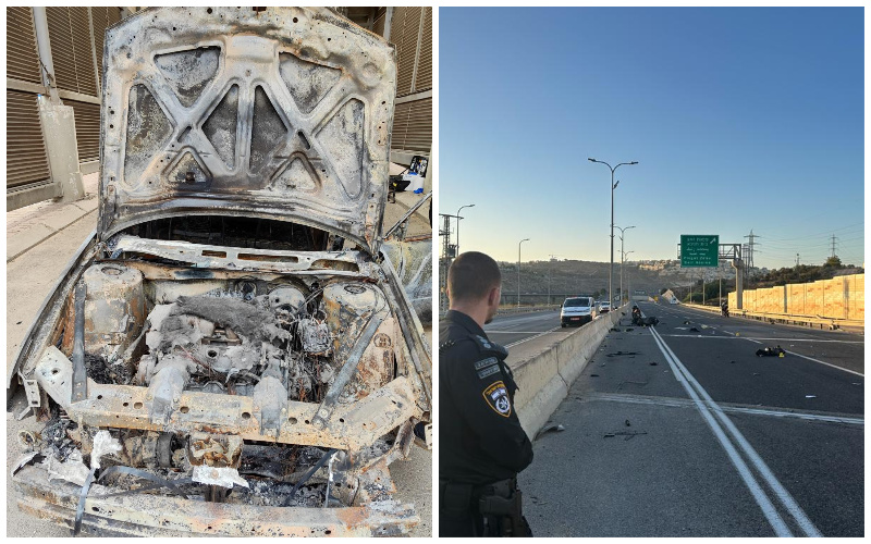 זירת התאונה בכביש בגין, הרכב הדורס שנשרף על ידי החשודים (צילומים: דוברות המשטרה)