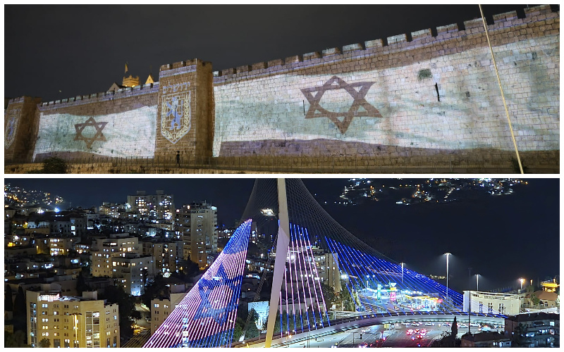 דגל ישראל מוקרן על החומות ועל גשר המיתרים (צילומים: ארנון בוסאני)