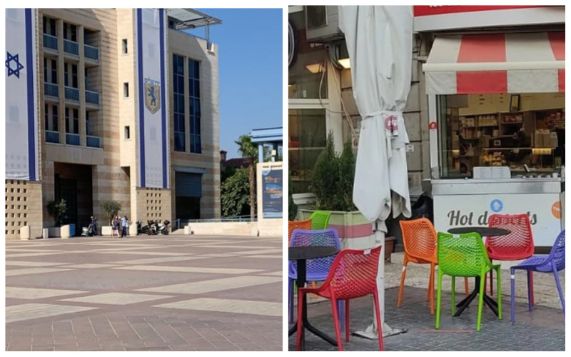 כיסאות ושולחנות מחוץ לבית עסק, כיכר ספרא (צילומים: עיריית ירושלים, פרטי)