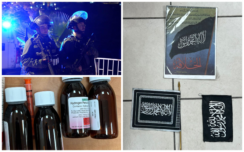 פעילות משטרת ירושלים במזרח העיר, דגלי דאעש וחומרים כימיים שנתפסו אצל המחבלים (צילומים: דוברות המשטרה)