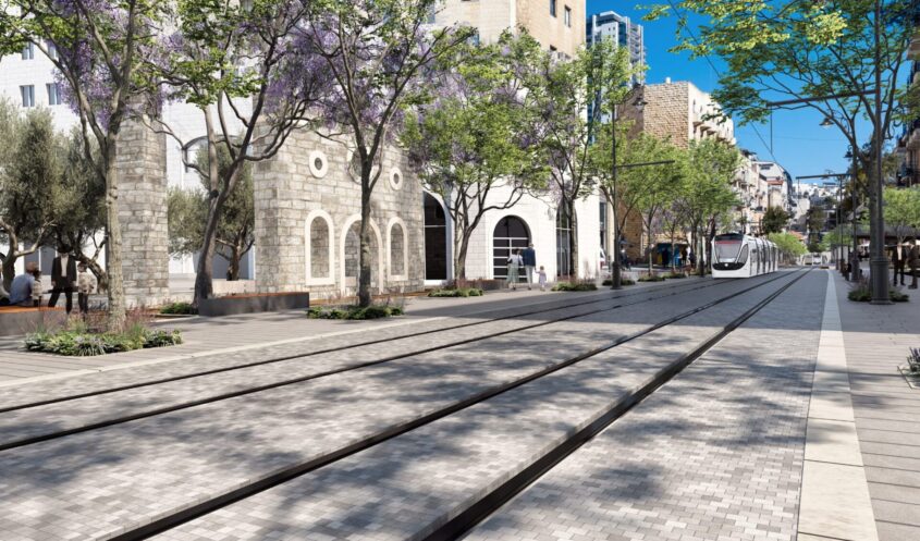 הדמיית הרכבת הקלה ברחוב המלך ג'ורג' (צילום הדמיה: צוות תכנית אב לתחבורה)