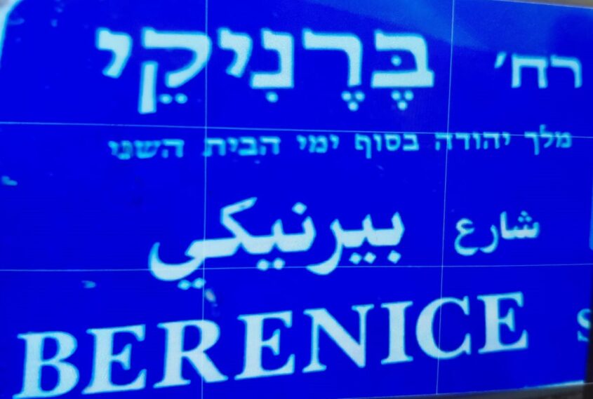 שלט רחוב ברניקי בגוננים עם הטעות אשר מכנה את ברניקי מלך (צילום: אדם אקרמן)