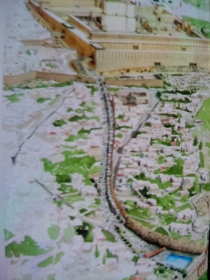איור הממחיש את תוואי דרך עולי הרגל מבריכת השילוח ועד פאתי הר הבית (צילום רפרודוקציה: אדם אקרמן)