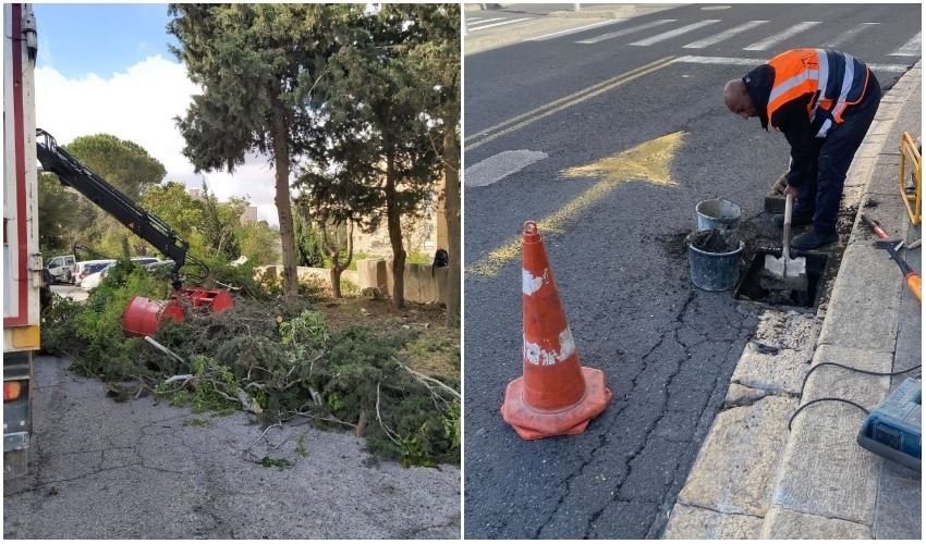 עבודות ניקיון סביב פתחי הניקוז והסרת מפגעים (צילומים: דוברות עיריית ירושלים)